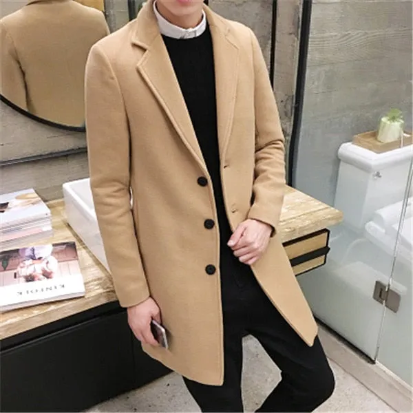 2018 Spring Men's Casual Long Sleeve Woolen Coat / Men's Solid Color Long Trench Coats Blends / plus size 5XL