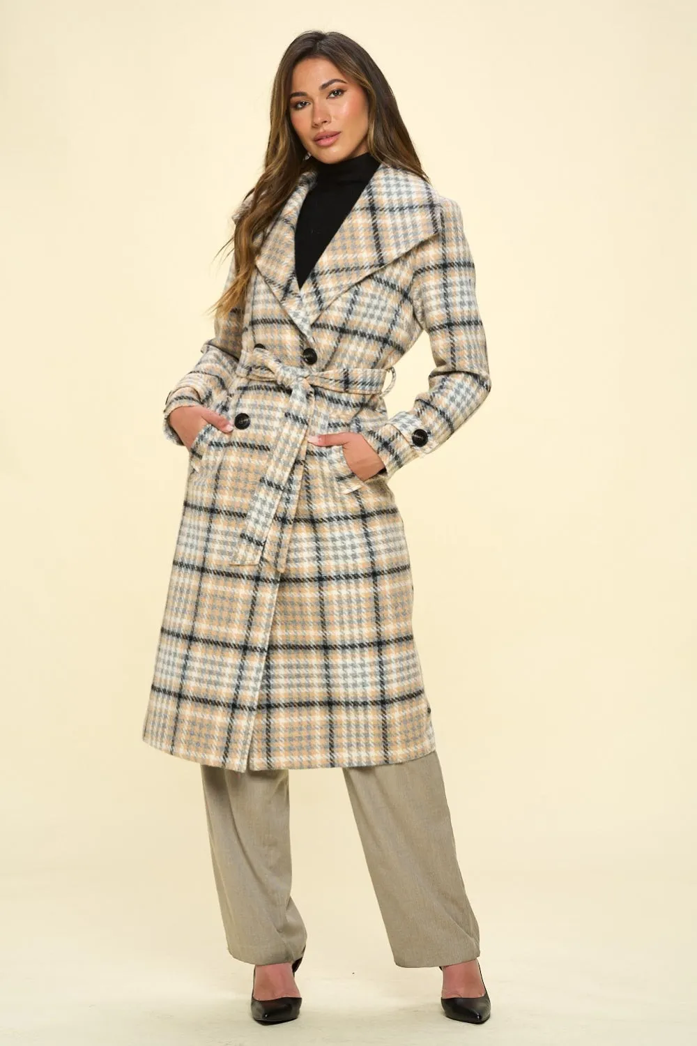 72! Coalition LA Double-Breasted Plaid Coat with Belt