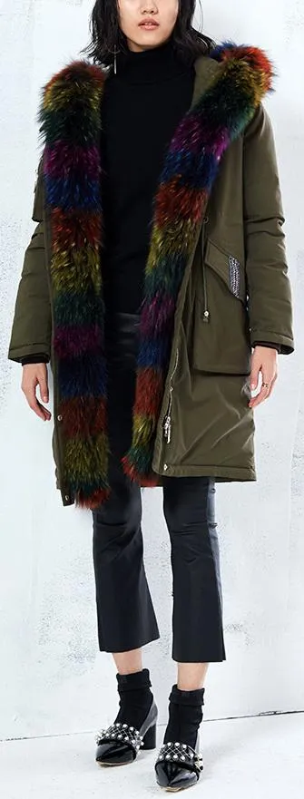 'Annabelle' Rainbow Fur-Trim Parka Coat