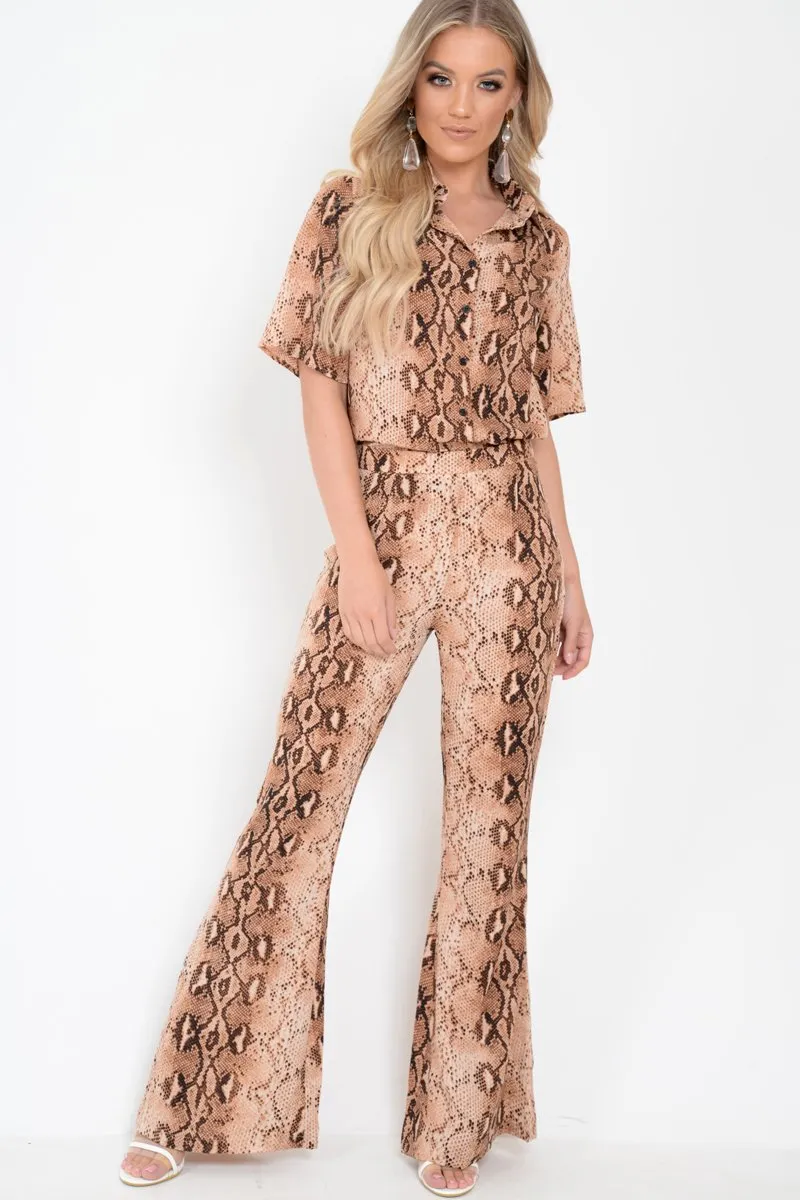 Apricot Snake Print Shirt And Flared Trousers Co-ord - Fryda