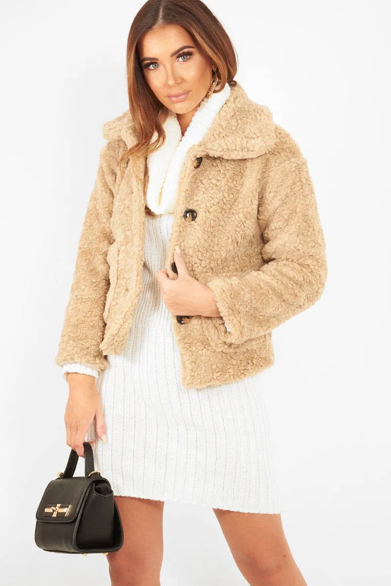 Beige Button Front Borg Coat - Jordana