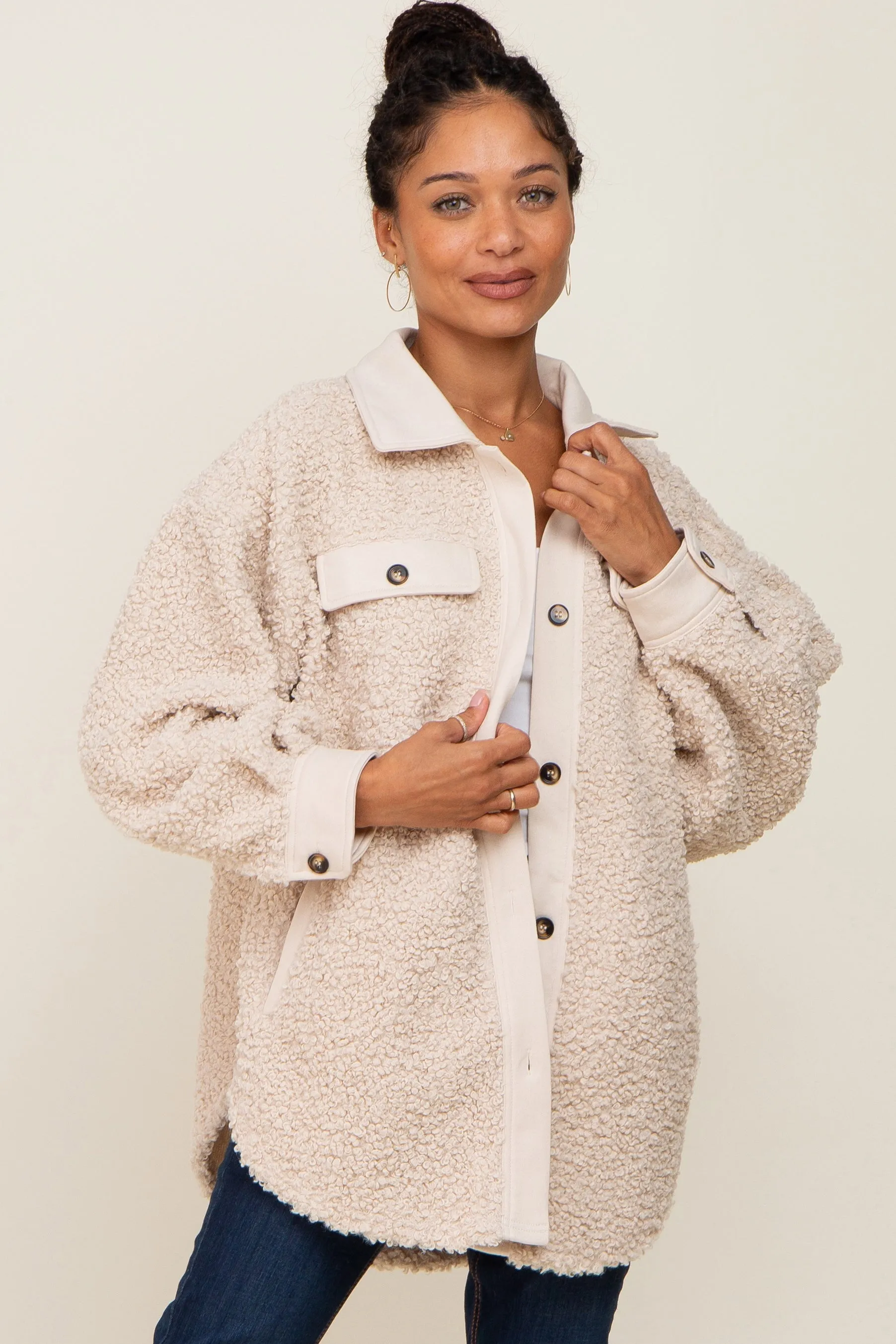 Beige Contrast Oversized Sherpa Maternity Coat