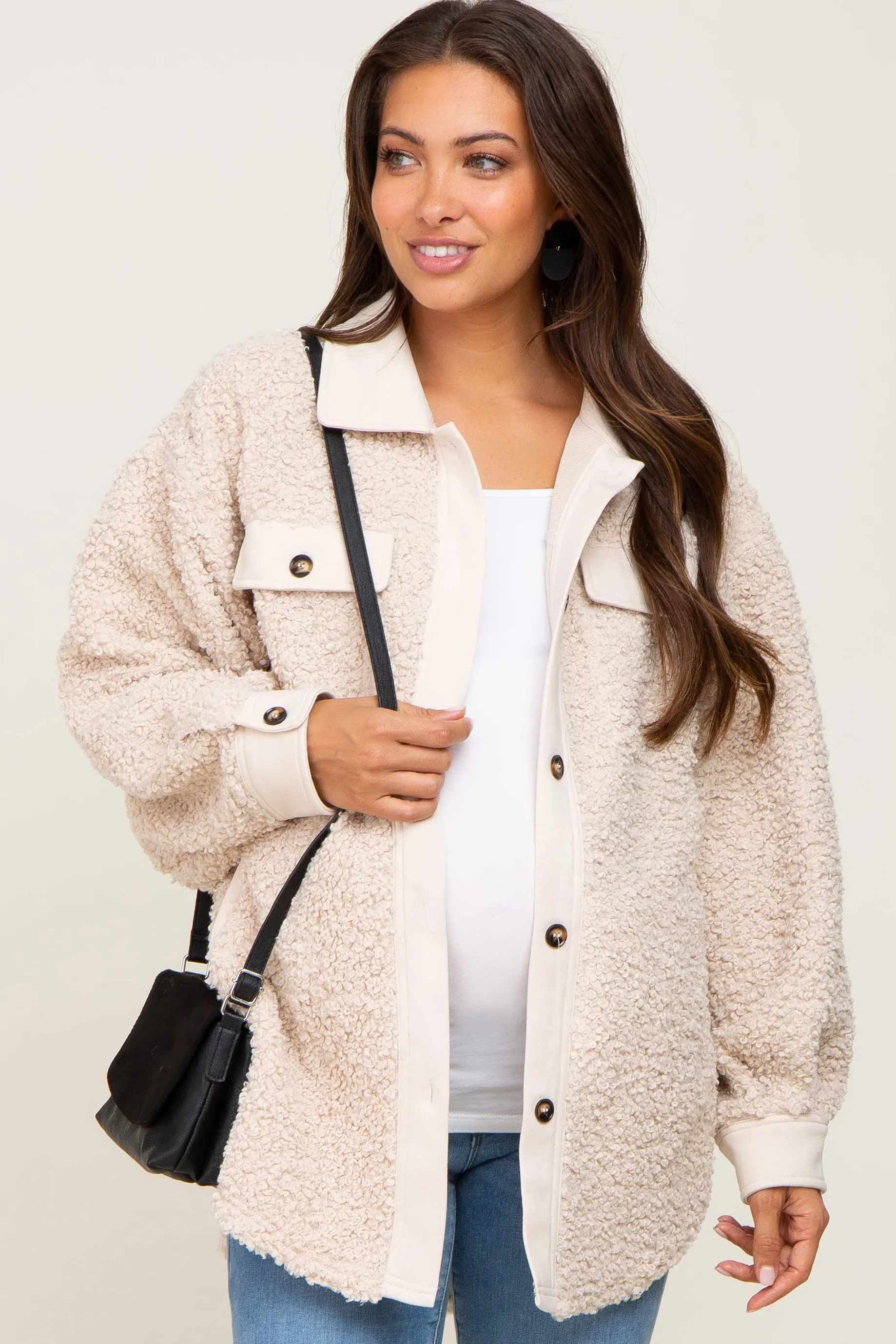 Beige Contrast Oversized Sherpa Maternity Coat