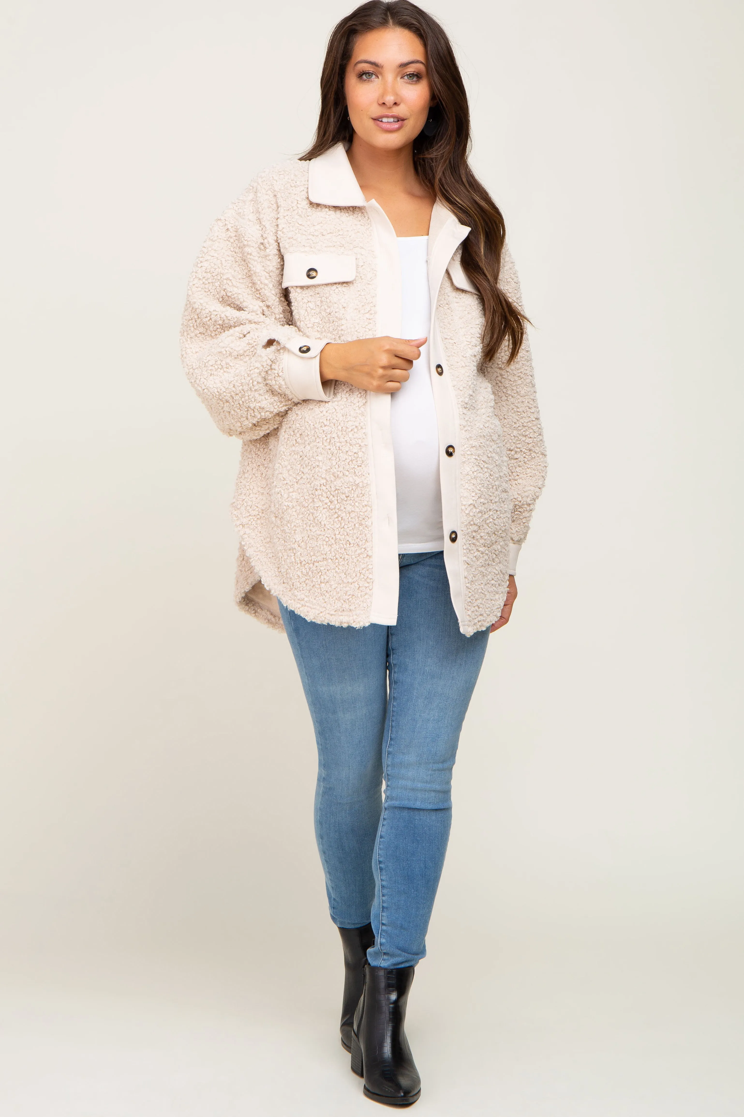 Beige Contrast Oversized Sherpa Maternity Coat