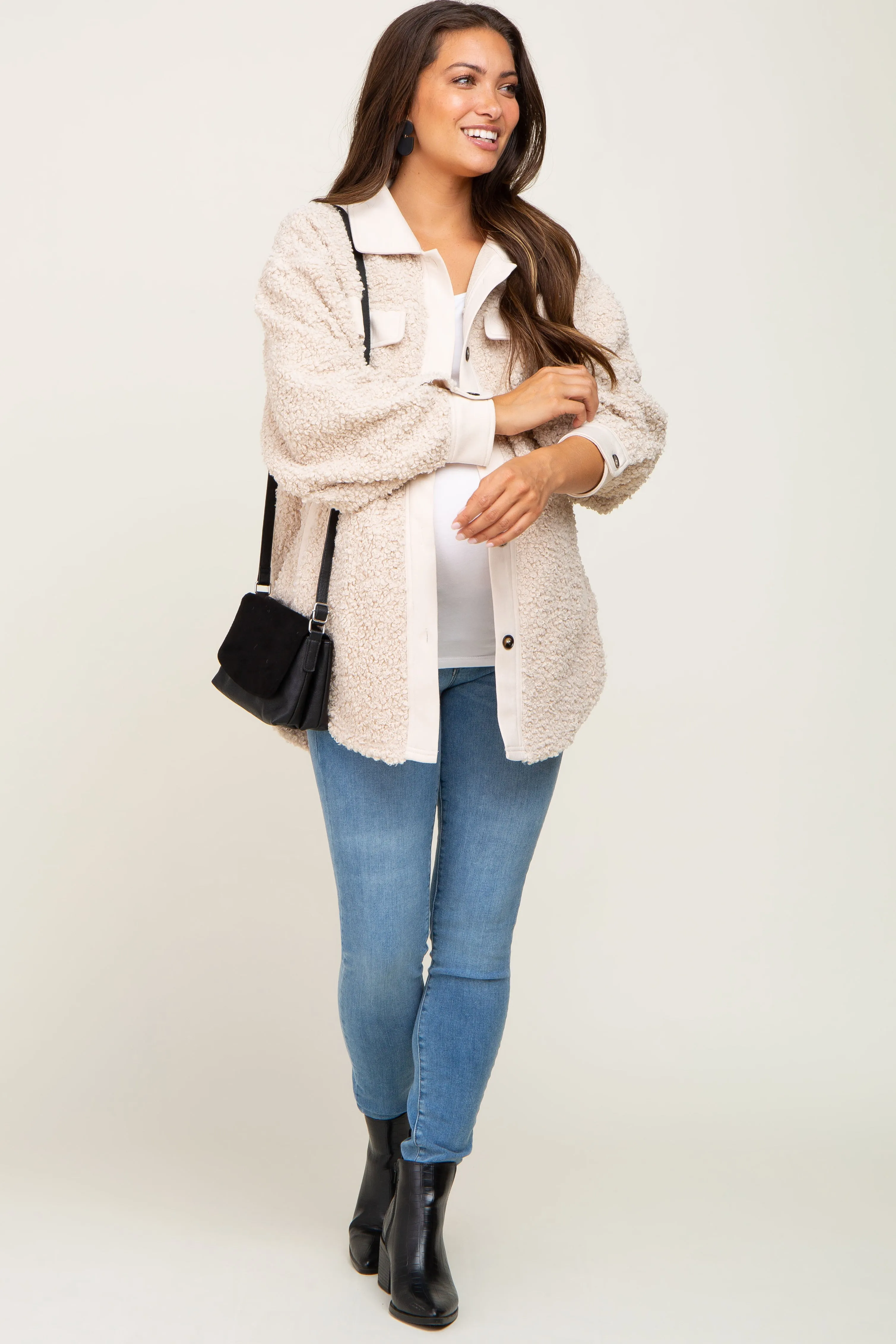 Beige Contrast Oversized Sherpa Maternity Coat