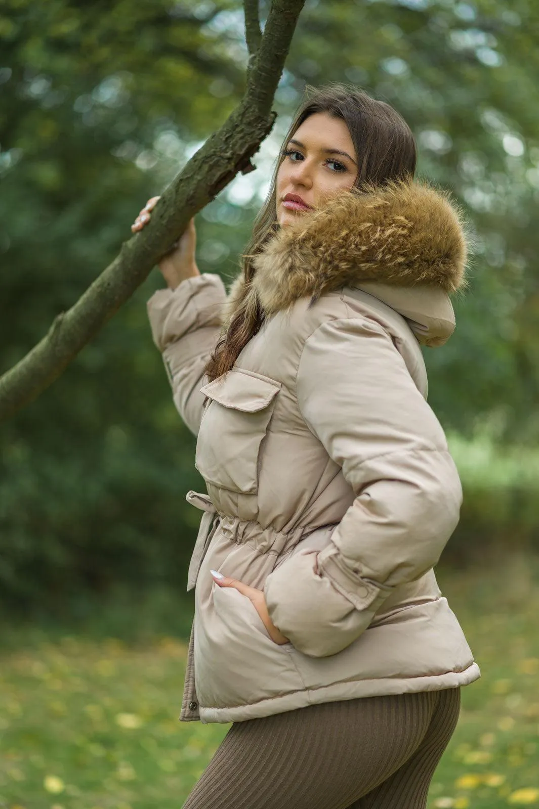 Beige Drawstring Luxury Fur Padded Belted Coat