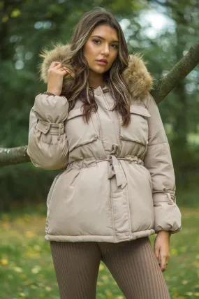 Beige Drawstring Luxury Fur Padded Belted Coat