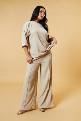 Beige Textured Knit Trousers & Oversized Top Co-ord Set - Cecelia