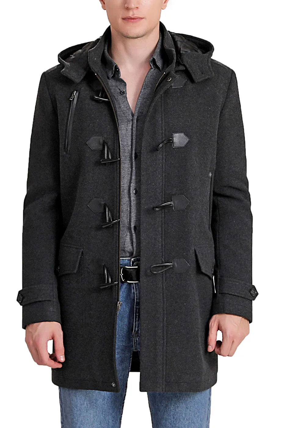 BGSD Men Tyson Wool Blend Leather Trimmed Toggle Coat