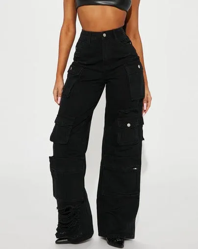 Black Distress Cargo Jeans