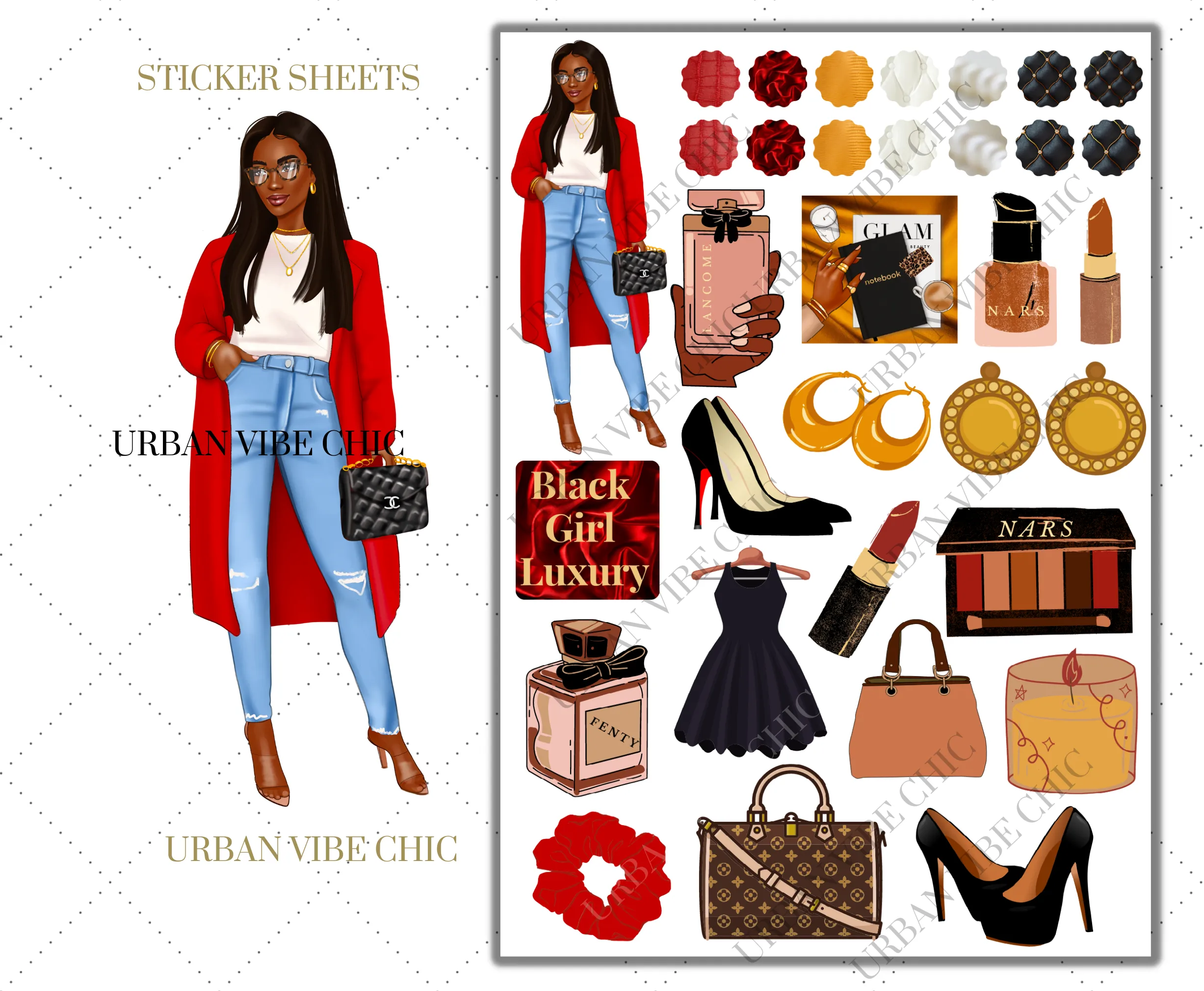 Black Girl Planner Stickers - Dark Skin Red Coat