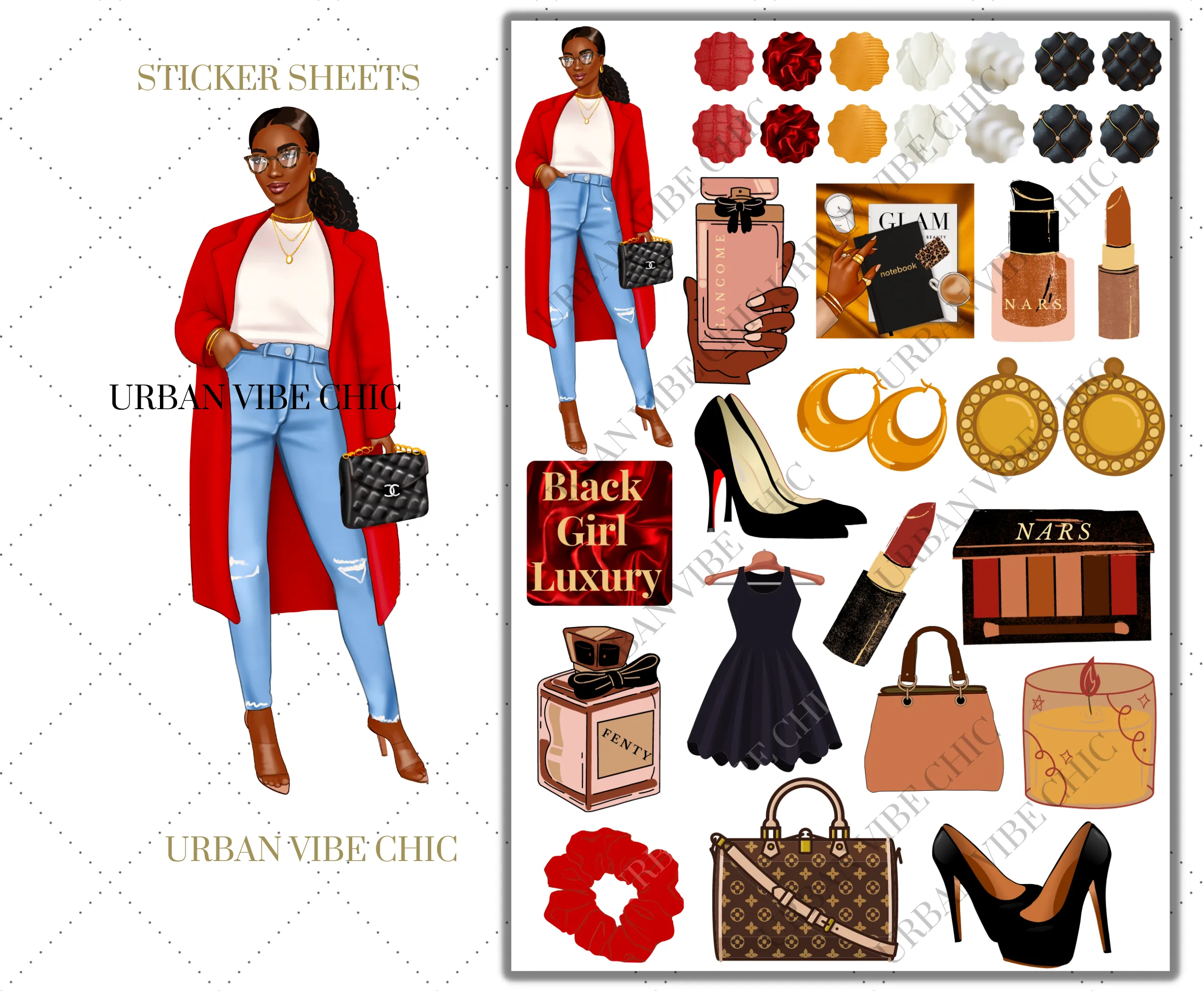 Black Girl Planner Stickers - Dark Skin Red Coat