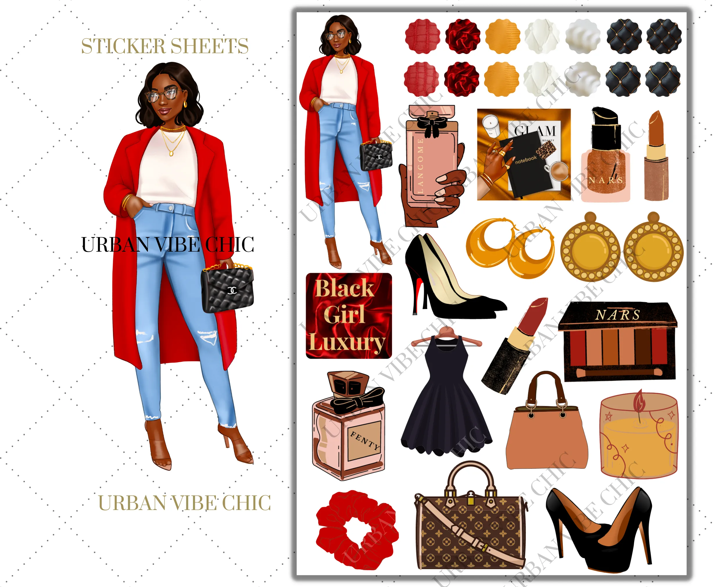 Black Girl Planner Stickers - Dark Skin Red Coat