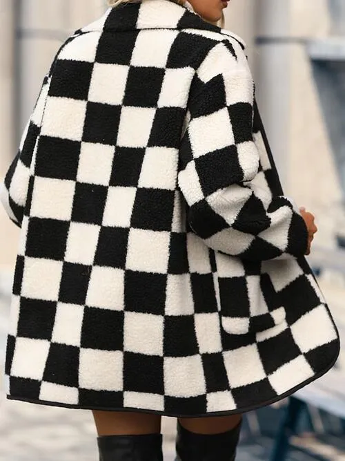 Chic Black & White Checkered Coat with Button Front & Pockets