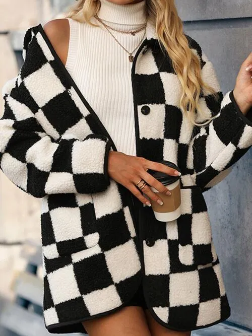 Chic Black & White Checkered Coat with Button Front & Pockets