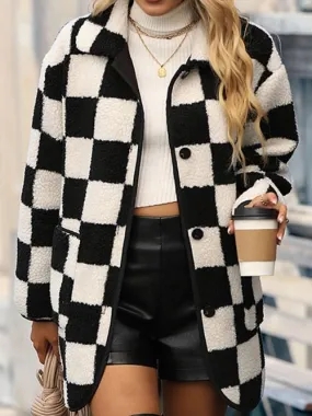 Chic Black & White Checkered Coat with Button Front & Pockets