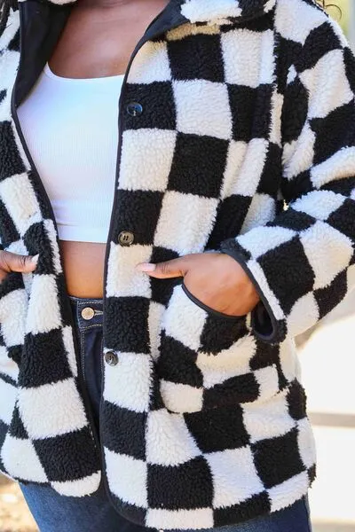 Chic Black & White Checkered Coat with Button Front & Pockets