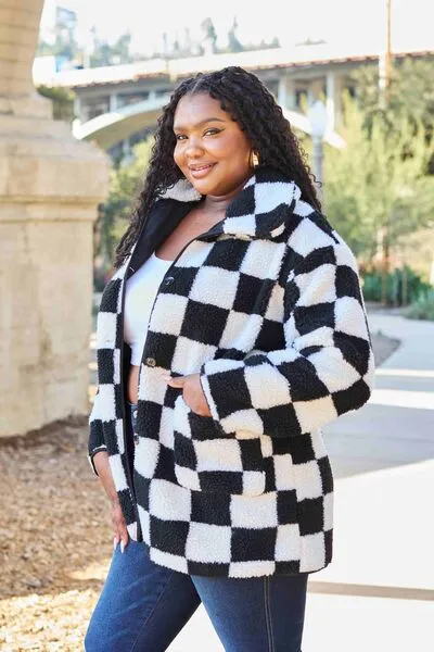 Chic Black & White Checkered Coat with Button Front & Pockets