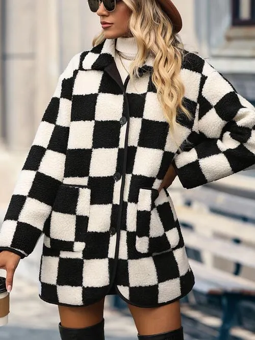 Chic Black & White Checkered Coat with Button Front & Pockets