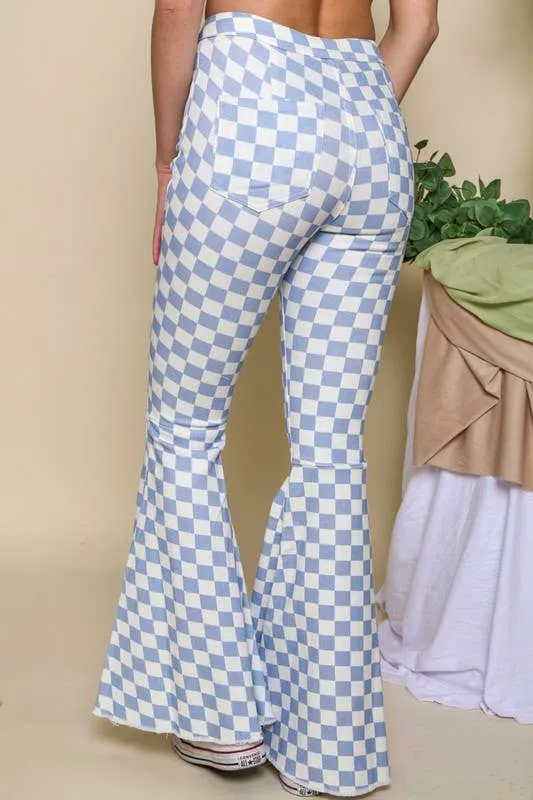 BLUE AND WHITE CHECKER FLARED JEANS