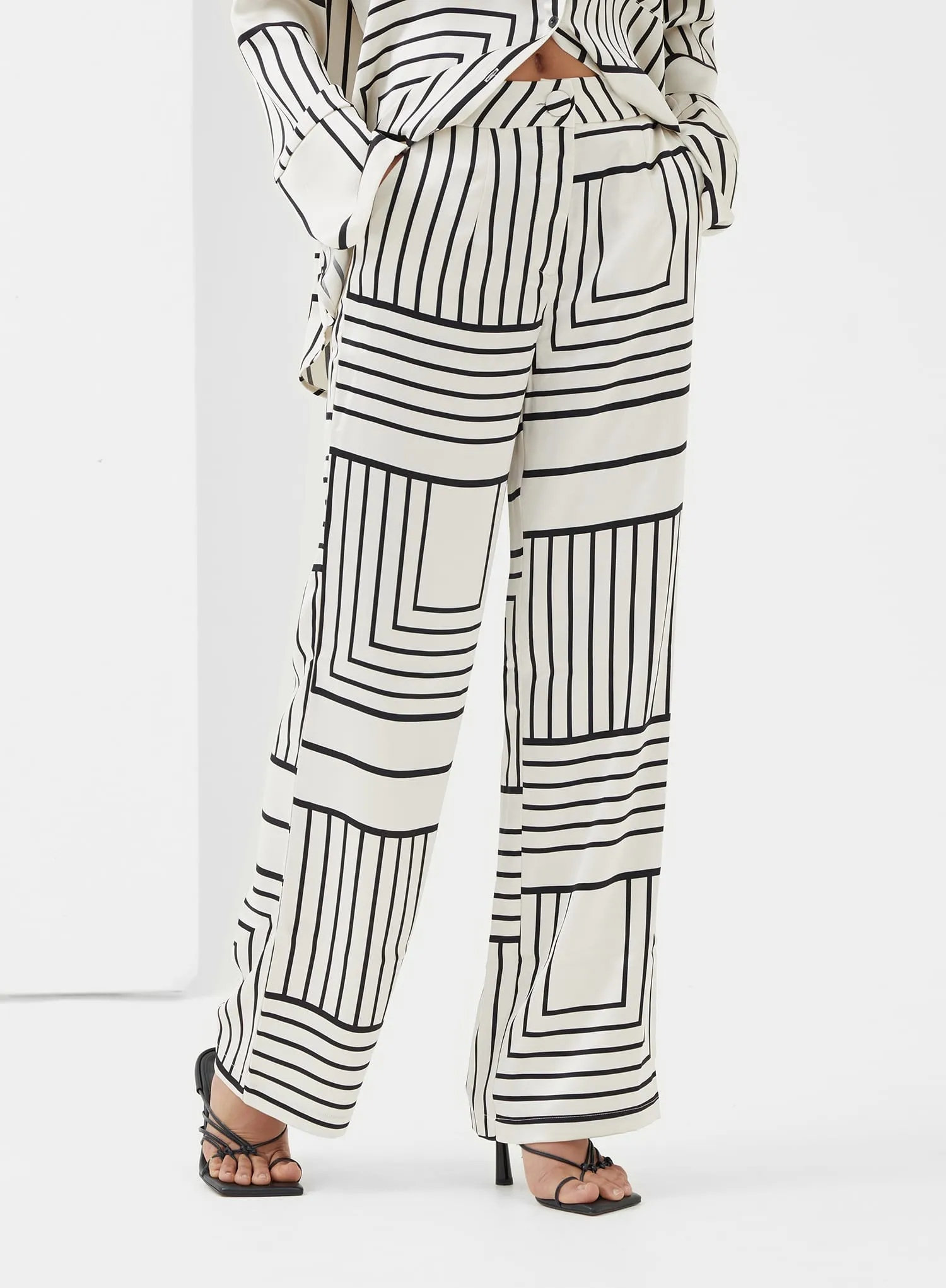 Cream And Black Abstract Satin Trousers - Norma