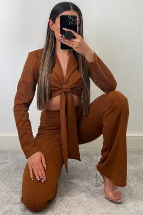 Danni Brown Tie Front Crop Top & Trousers Co-Ord Set