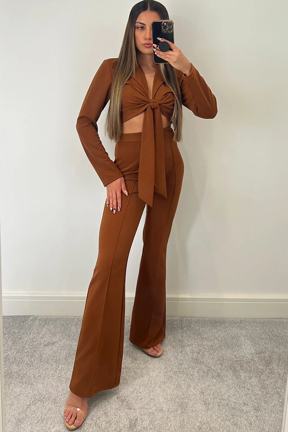 Danni Brown Tie Front Crop Top & Trousers Co-Ord Set