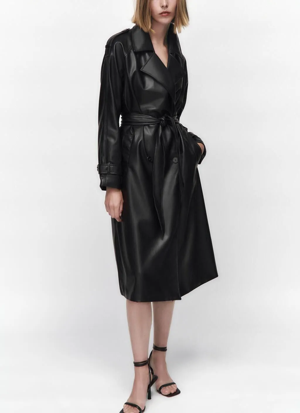 Double Breasted Full Length Black Patent Faux Leather Trench Coat