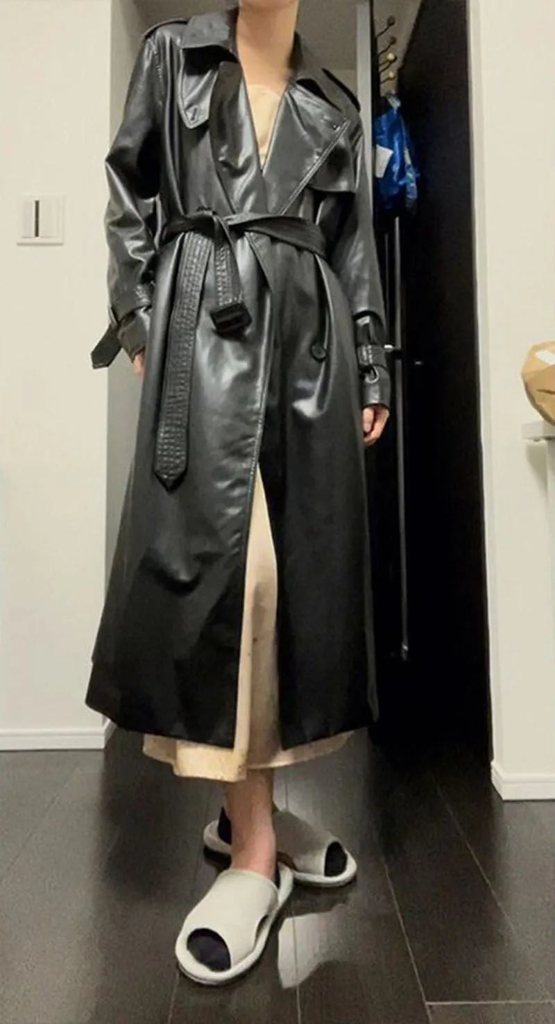 Double Breasted Full Length Black Patent Faux Leather Trench Coat