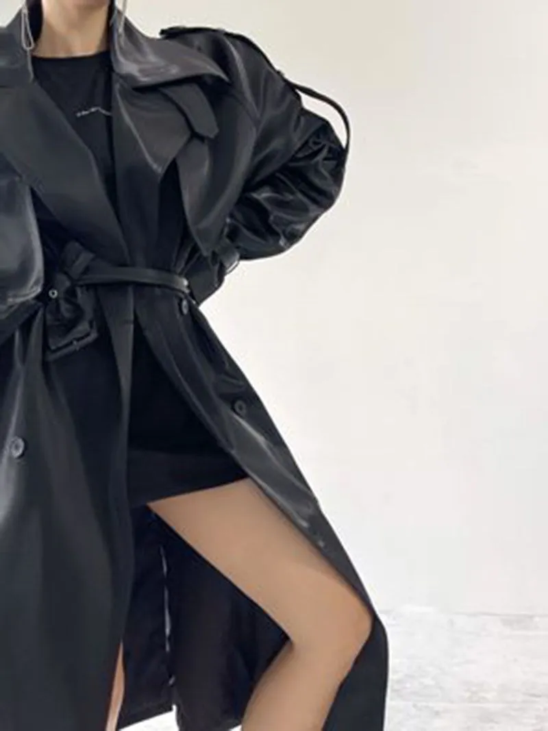 Double Breasted Full Length Black Patent Faux Leather Trench Coat