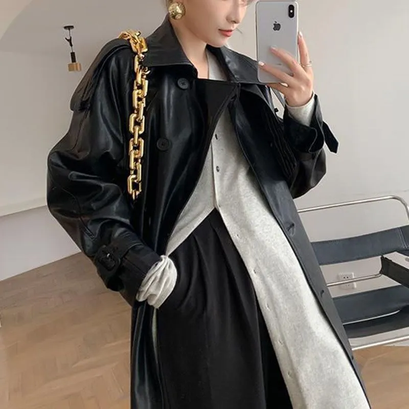 Double Breasted Full Length Black Patent Faux Leather Trench Coat