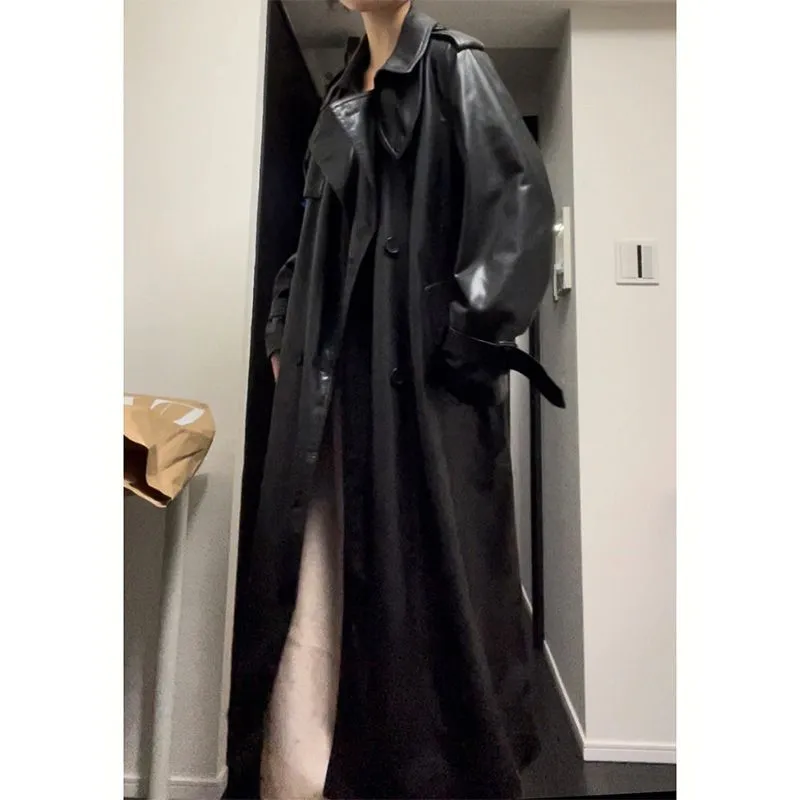 Double Breasted Full Length Black Patent Faux Leather Trench Coat