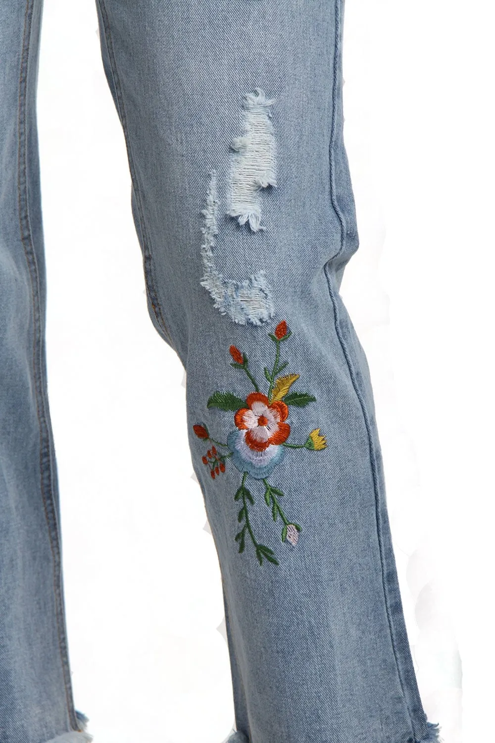 Floral Embroidered Ripped Distressed Boyfriend Cropped Jeans