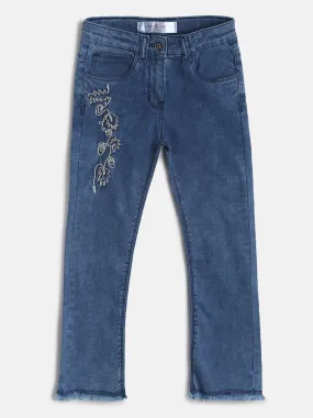 Girls Mid Blue Embroidered Denim Jeans