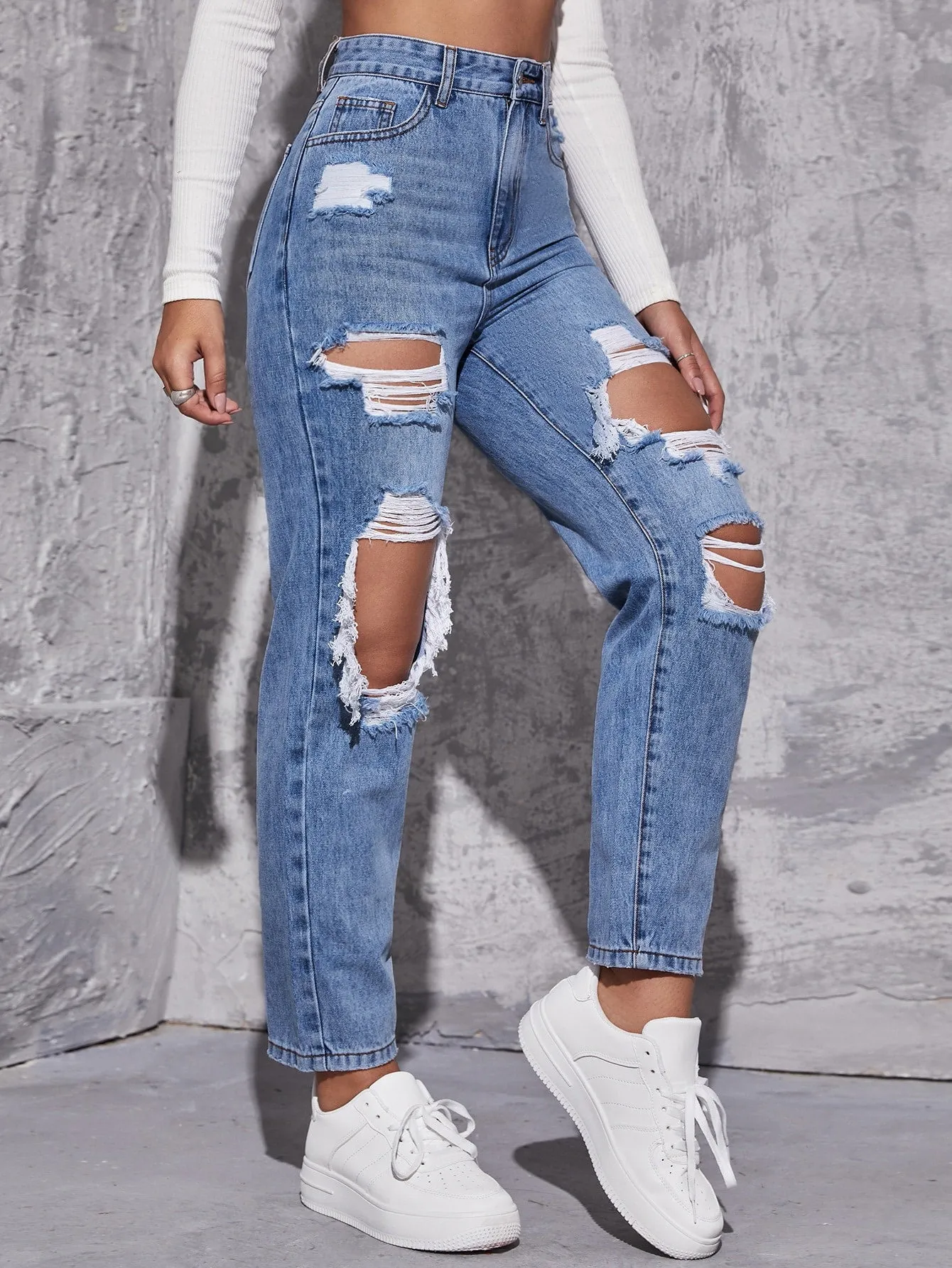 High Waist Ripped Mom Fit Jeans