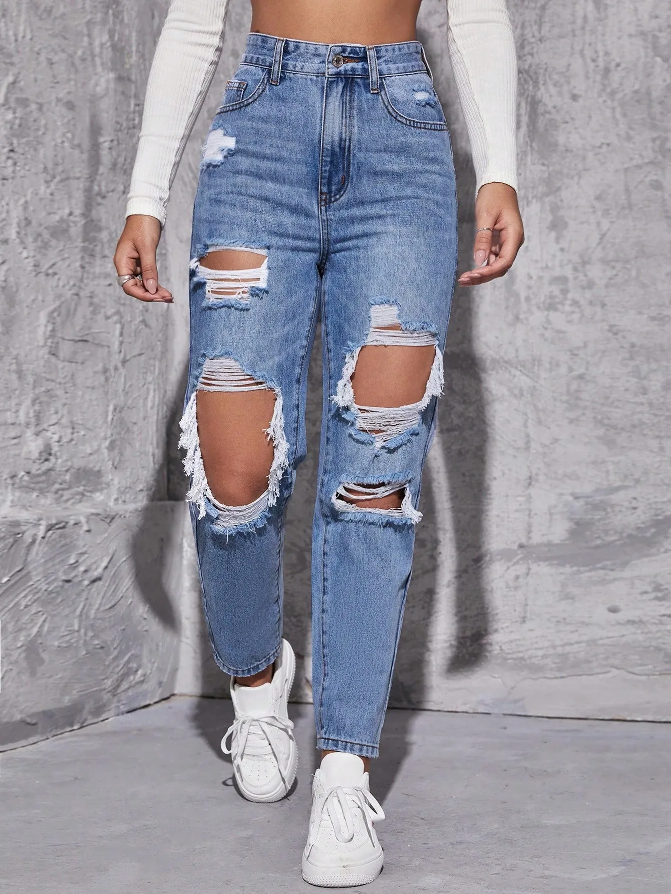 High Waist Ripped Mom Fit Jeans