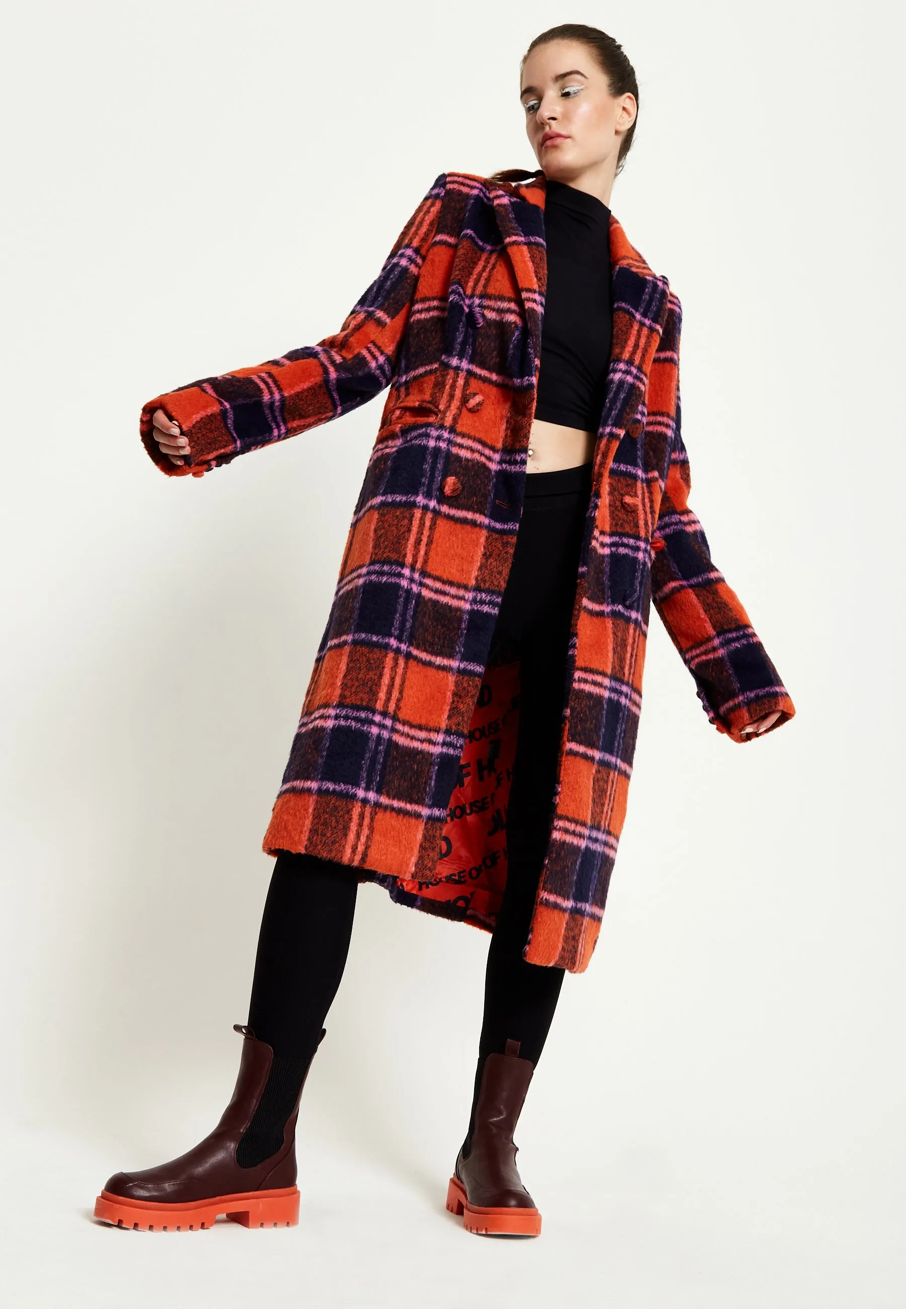 Stylish House Of Holland Red Checkered Wool Coat for Women