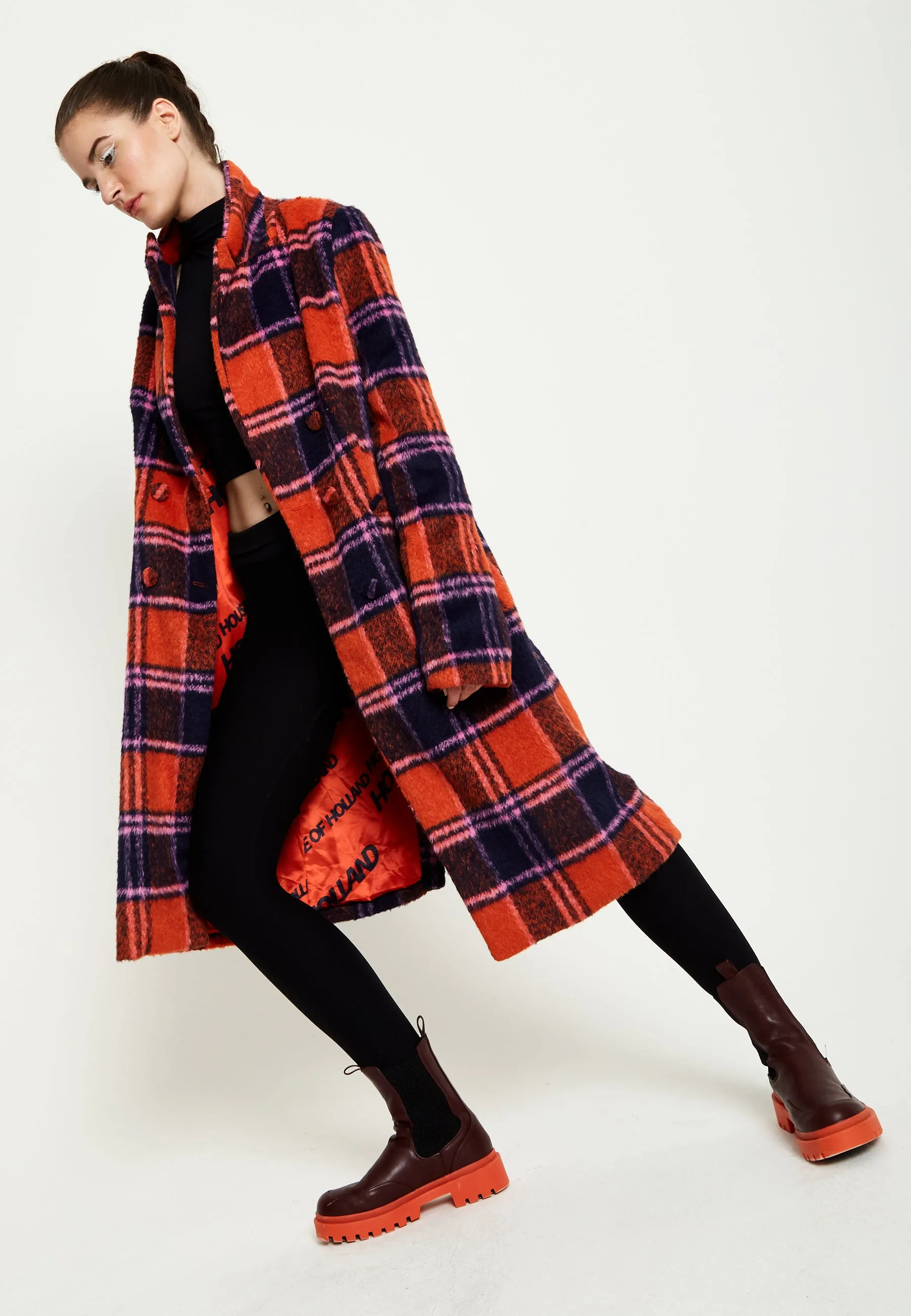 Stylish House Of Holland Red Checkered Wool Coat for Women