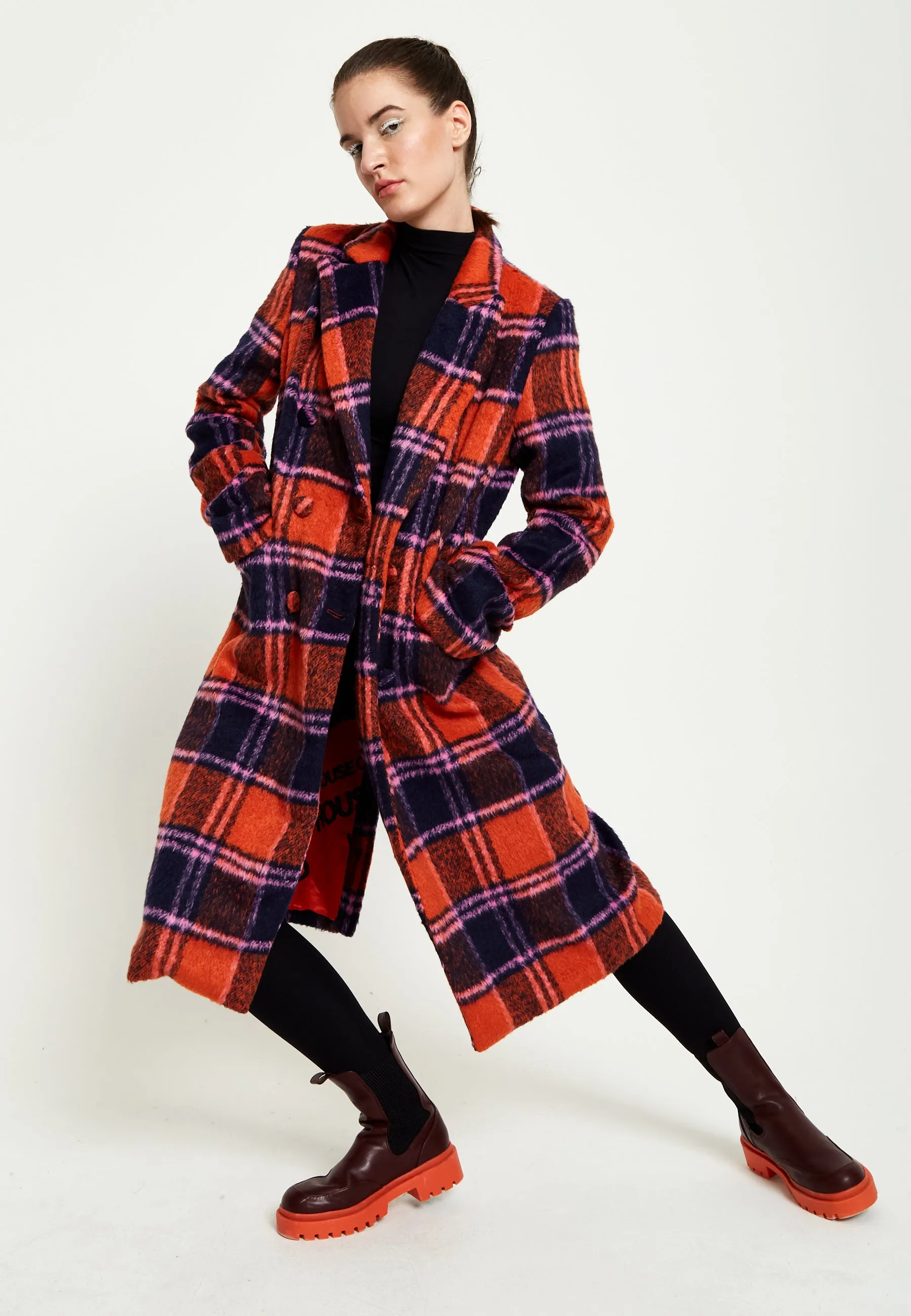 Stylish House Of Holland Red Checkered Wool Coat for Women