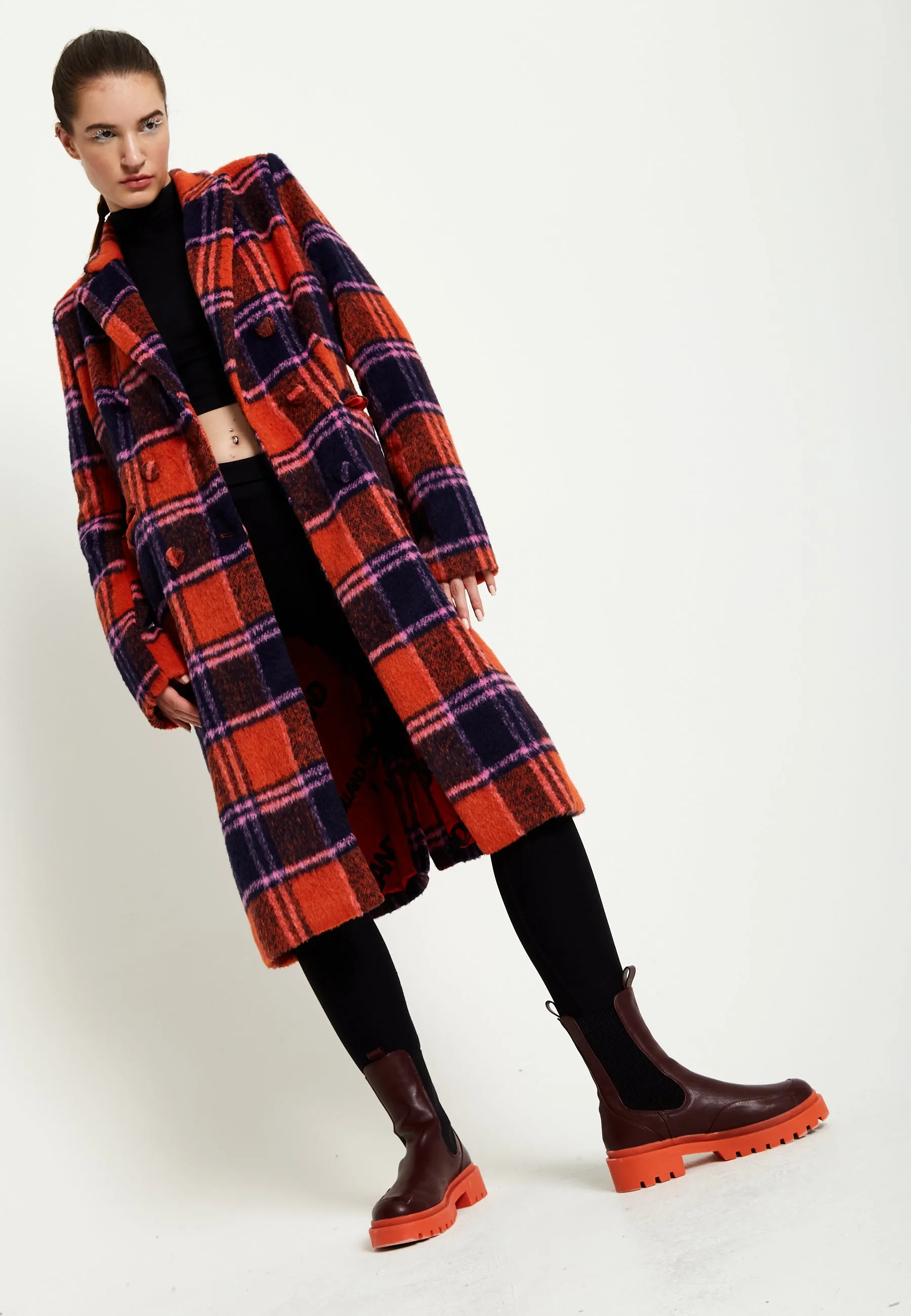 Stylish House Of Holland Red Checkered Wool Coat for Women