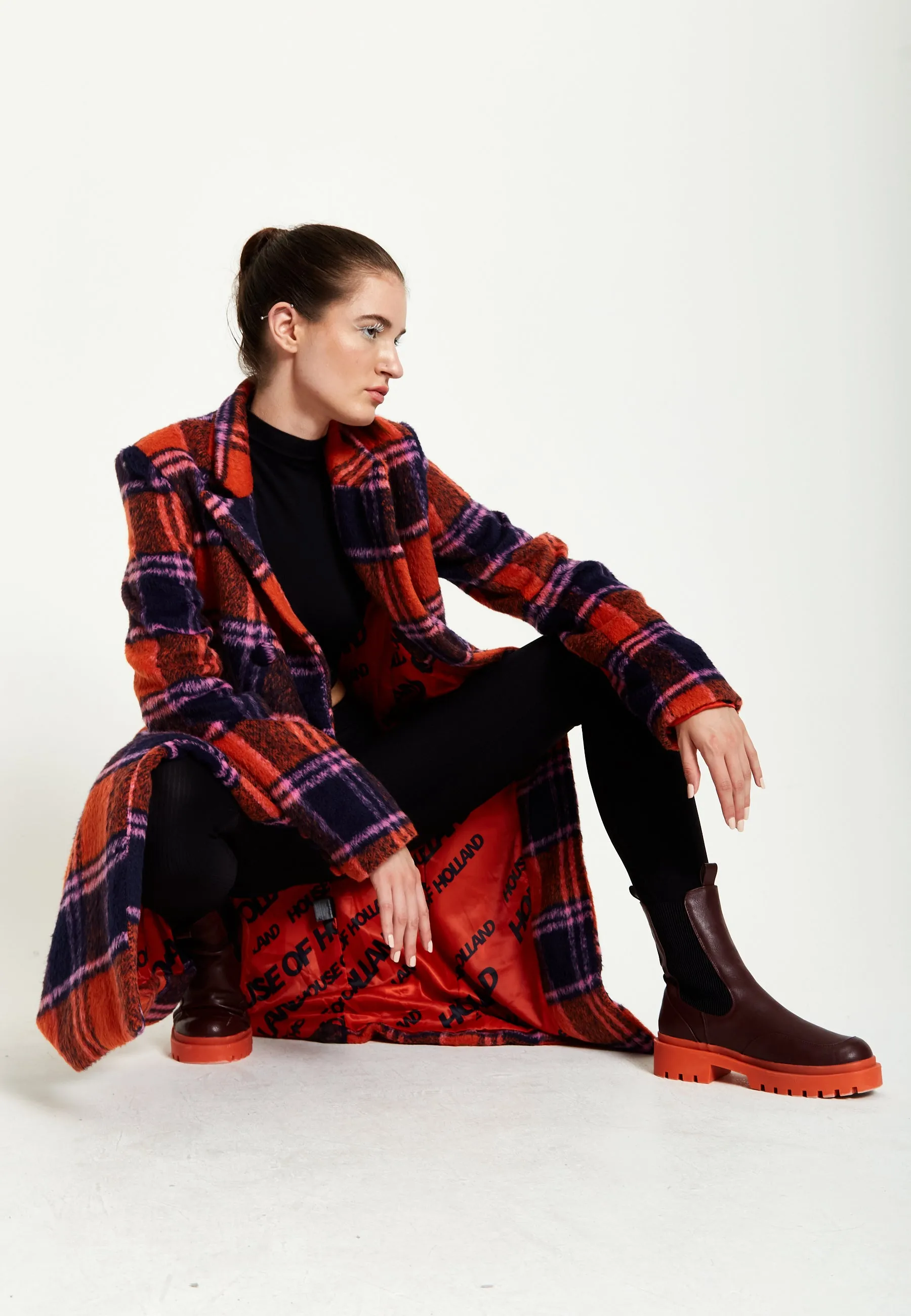 Stylish House Of Holland Red Checkered Wool Coat for Women