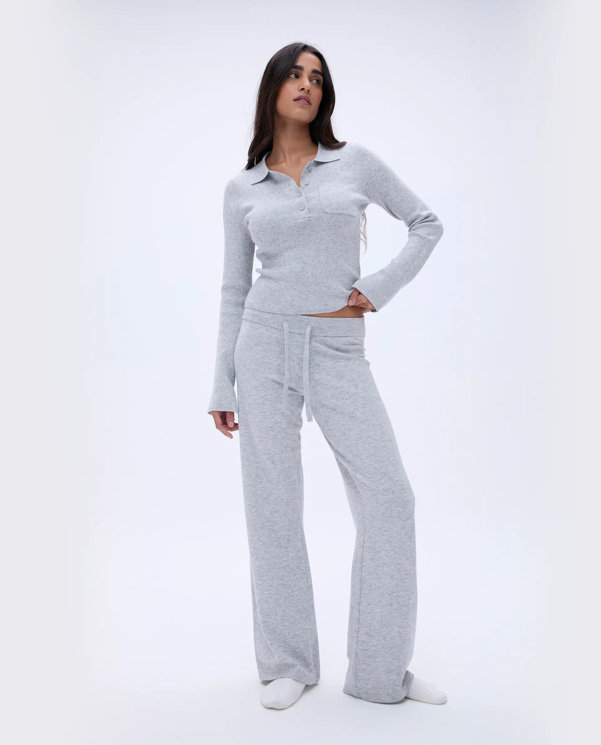 Knit Straight Leg Trousers - Light Grey Melange