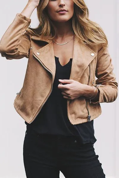 Large Lapel Collar Casual Motoclycle Jacket Zip Up Coat