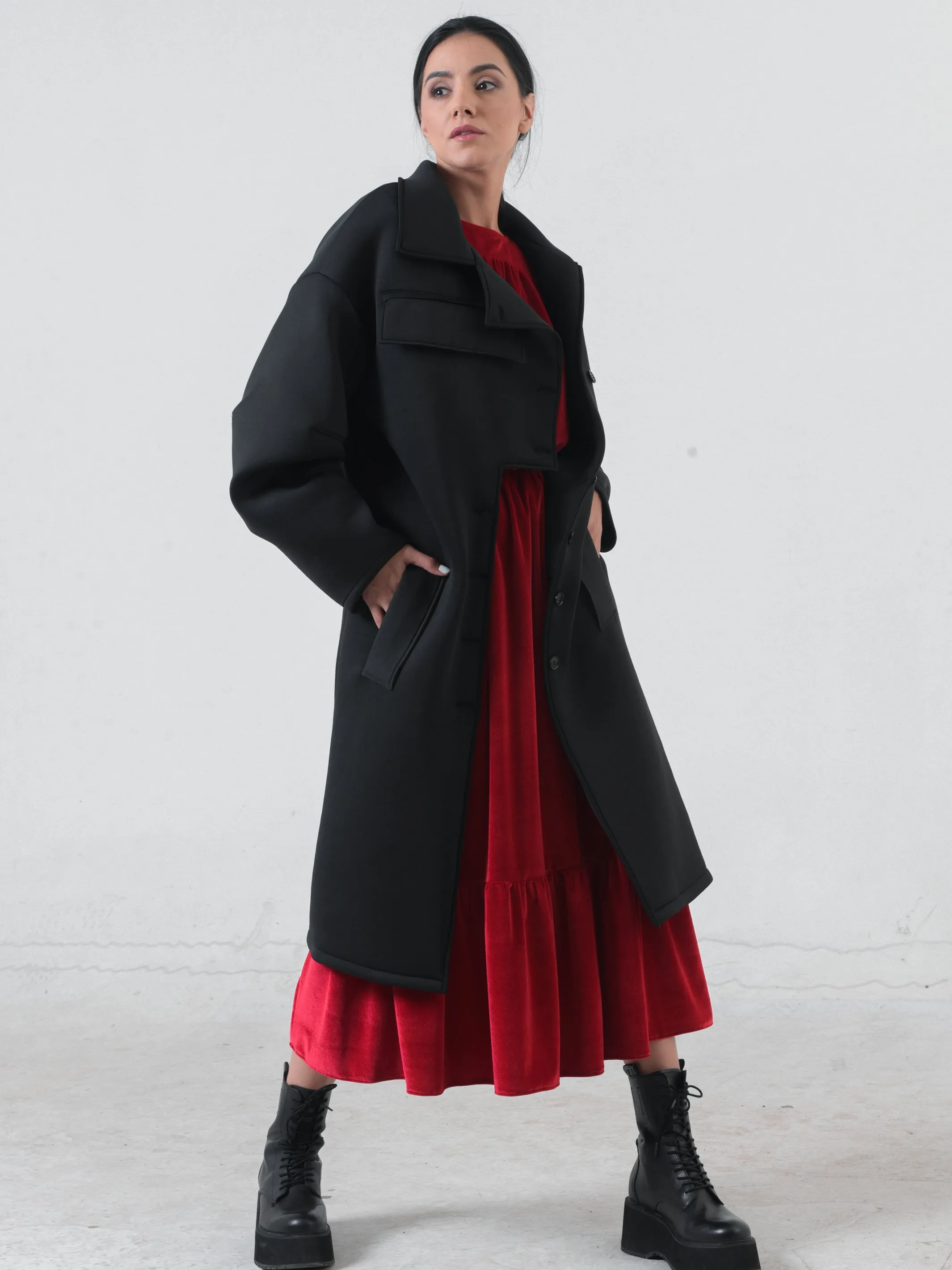 Long Black Neoprene Coat