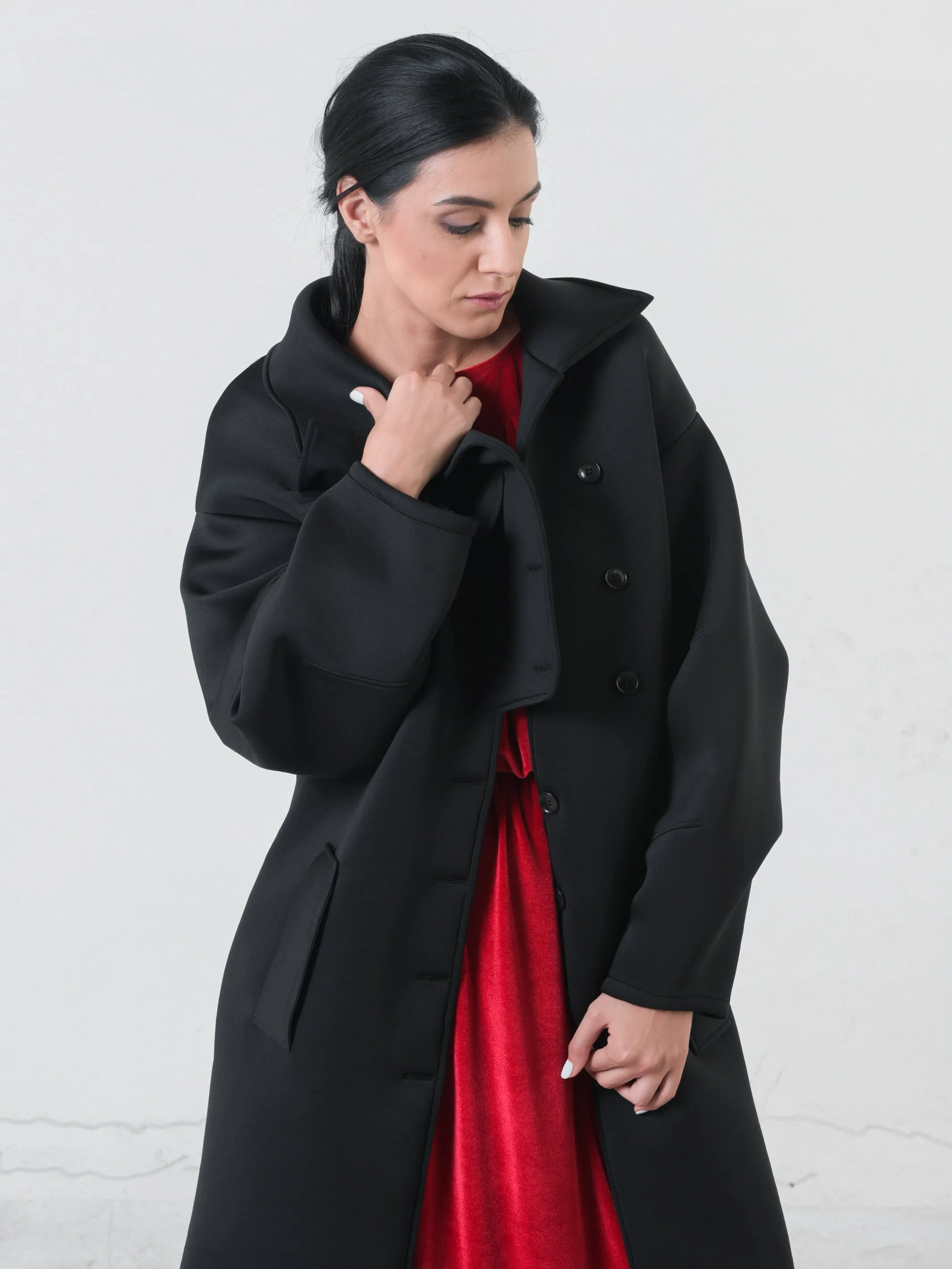 Long Black Neoprene Coat