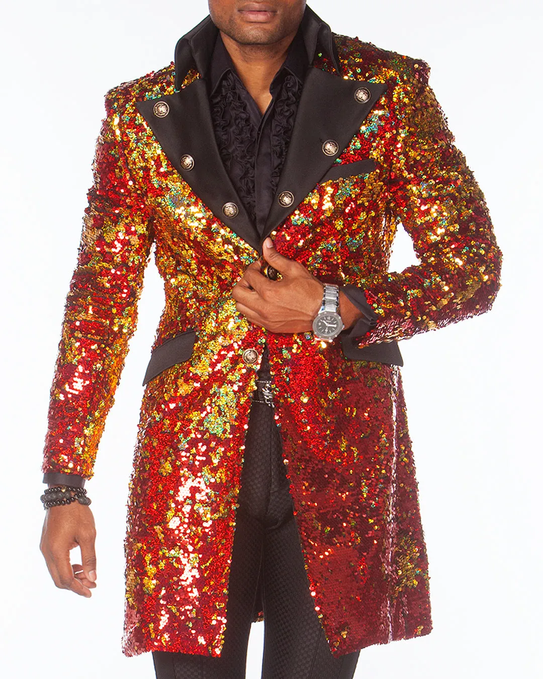 Long coat Men - Prom 2020 - Sequin Red/Gold - Long Jacket