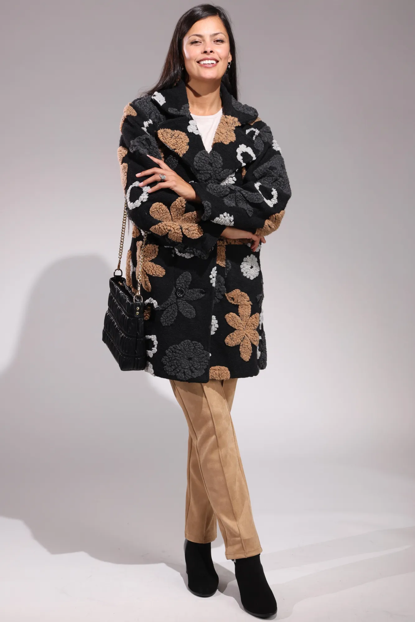 Made in Italy textured Flower Coat | Blk/Char/Caramel/Grey | 0202ZZ