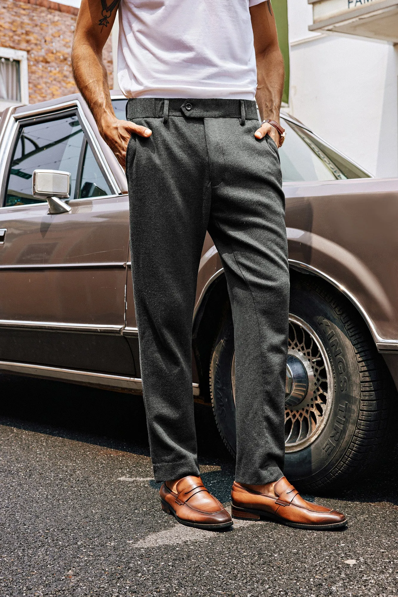 Men Skinny Trousers Elastic Waist Herringbone Pattern Multi-Pocket Pants