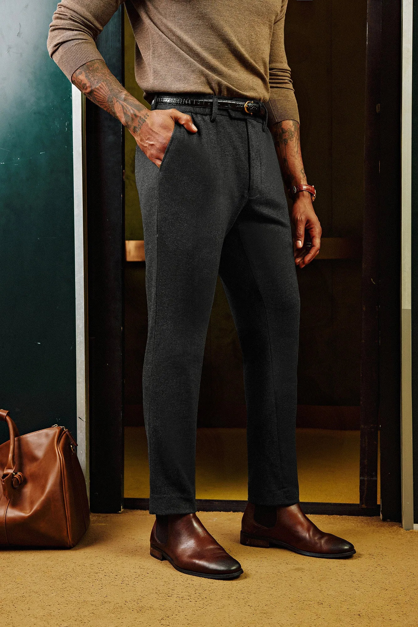 Men Skinny Trousers Elastic Waist Herringbone Pattern Multi-Pocket Pants