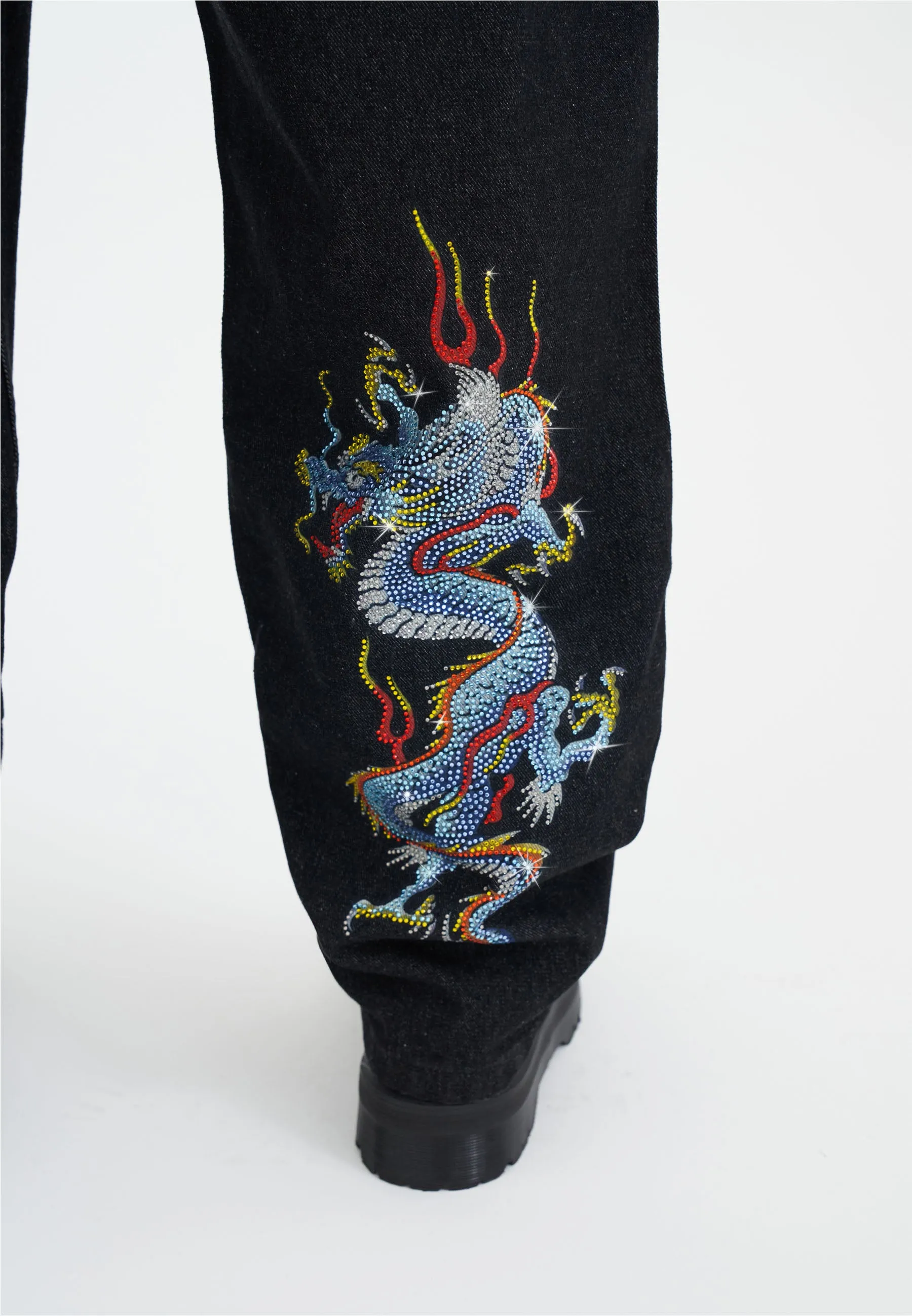 Mens Battle-Dragon Diamante Denim Trousers Jeans - Black